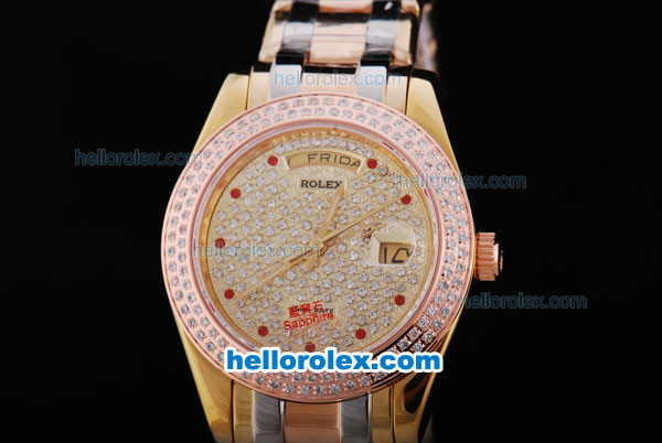 Rolex Day-Date Automatic Movement with Diamond Golden Dial and Full Diamond Rose Gold Bezel-Red Marking - Click Image to Close